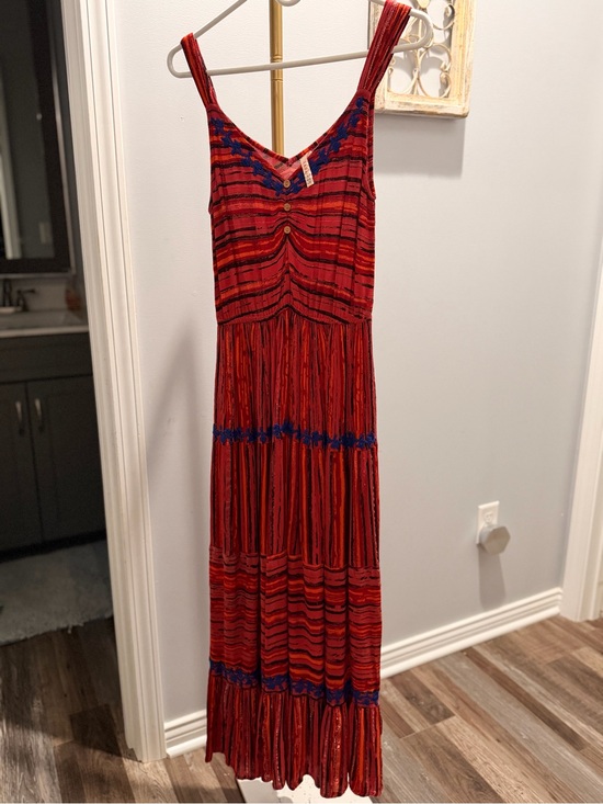 RAGA Dresses & Skirts - RAGA Red Maxi Dress with Blue Embroidered Trim